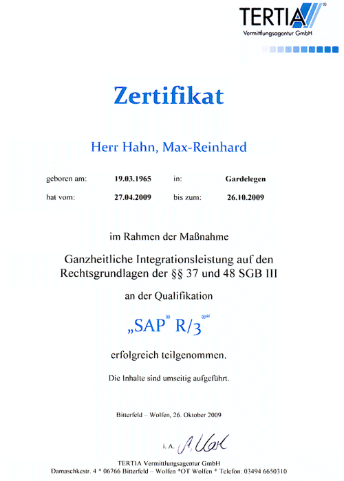 Abschlusszertifikat SAP R/3, Seite 1